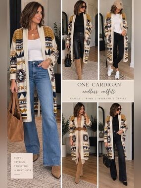 Aztec print long open cardigan